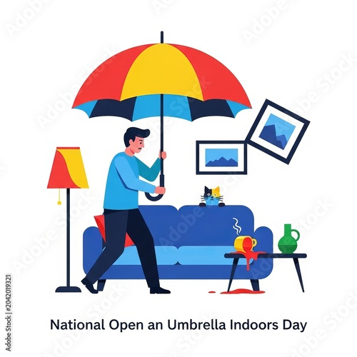 Man opens umbrella indoors on National Open an Umbrella Indoors Day