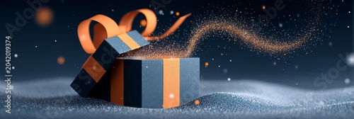A magical open gift box with orange ribbons and sparkles against a dark background.