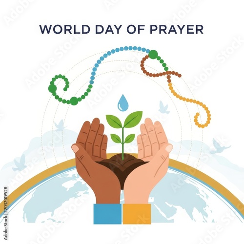 World Day of Prayer illustration: hands nurturing plant, rosaries, peace doves