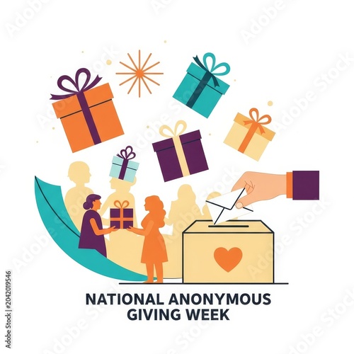National Anonymous Giving Week illustration with gifts and donation