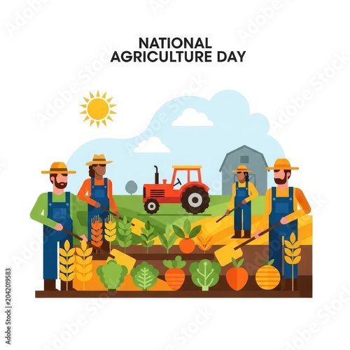 National Agriculture Day illustration of farmers tending crops with tractor and barn