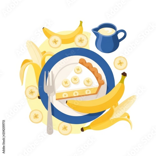 Slice of banana cream pie on a plate with bananas and cream pitcher for National Banana Cream Pie Day