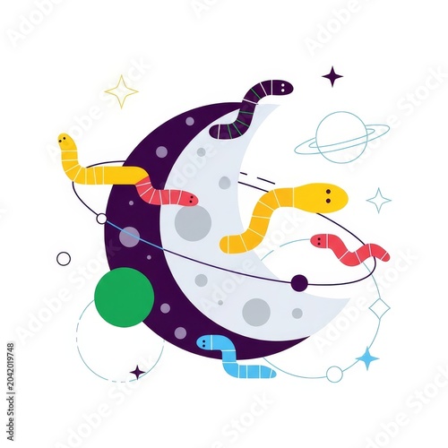 Worm Moon illustration with colorful cartoon worms in space