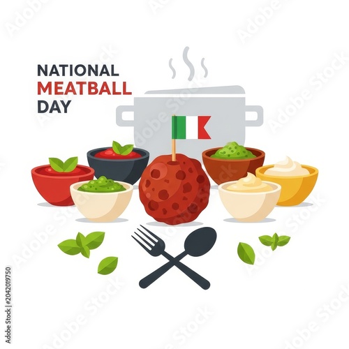 National Meatball Day illustration with Italian flag and sauces