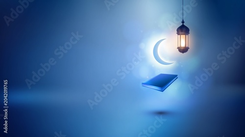 A serene night scene with a floating book, crescent moon, and lantern.