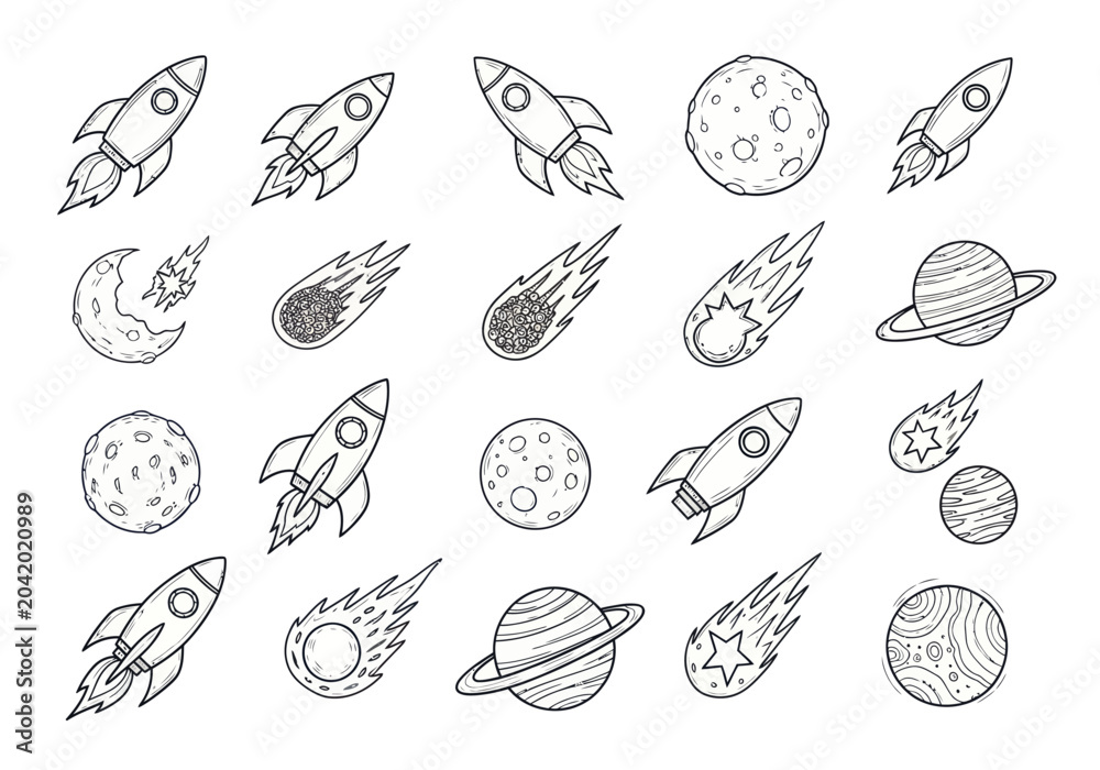 Fototapeta premium Collection of Hand-Drawn Space Objects and Rockets.