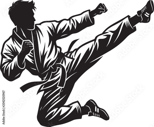 Silhouette of martial artist performing high kick, dynamic pose, karate uniform, isolated on checkered background, action sport.