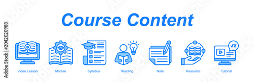 Schilderij op canvas Course Content web banner icon concept for with icon of Video Lesson, Module, Syllabus, Reading, Note, Resource, Tutorial