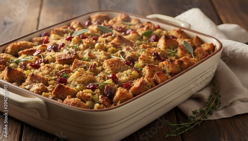 Freshly baked Thanksgiving stuffing in a ceramic dish steaming on a rustic wooden table, representing home-cooked holiday feast concept in warm cinematic lighting