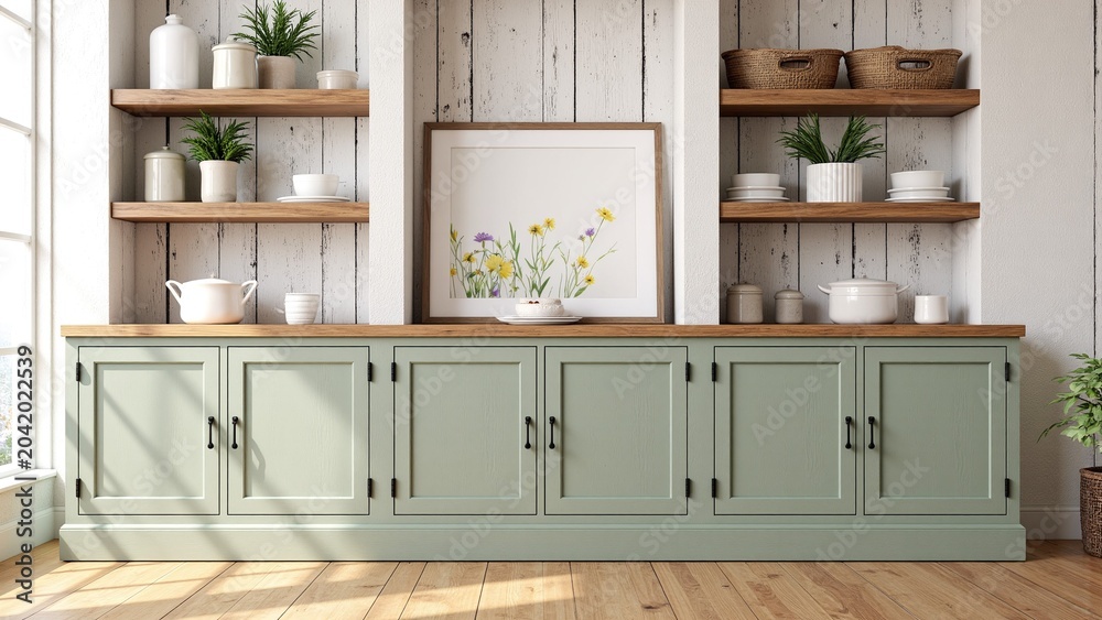 Fototapeta premium Rustic Farmhouse Kitchen Mockup with Botanical Poster