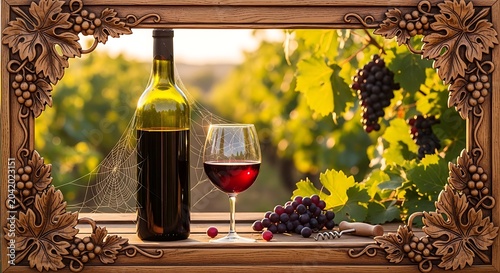 Elegant Red Wine Bottle and Glass Displayed in Ornate Vineyard Frame