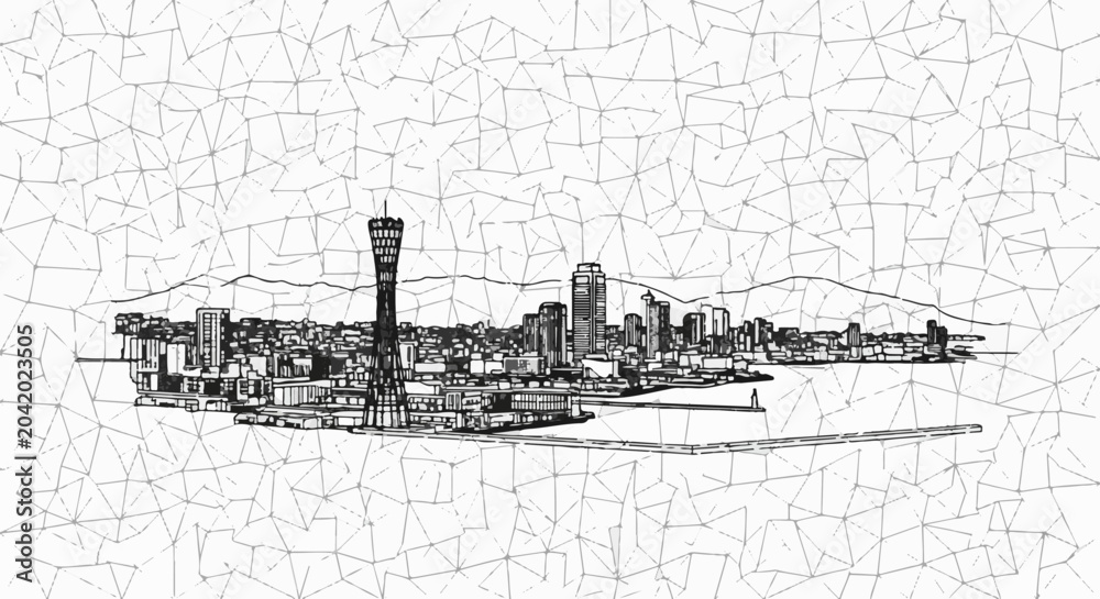 Fototapeta premium Sketchy line art cityscape with a tall tower, buildings, and water
