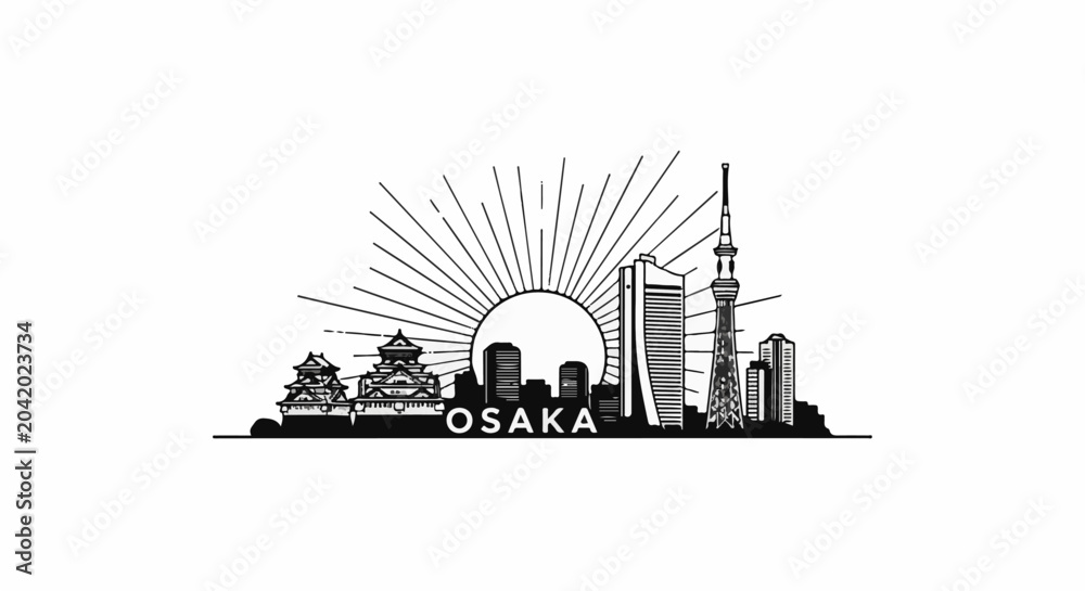 Fototapeta premium Stylized black and white skyline silhouette of a Japanese city at sunrise