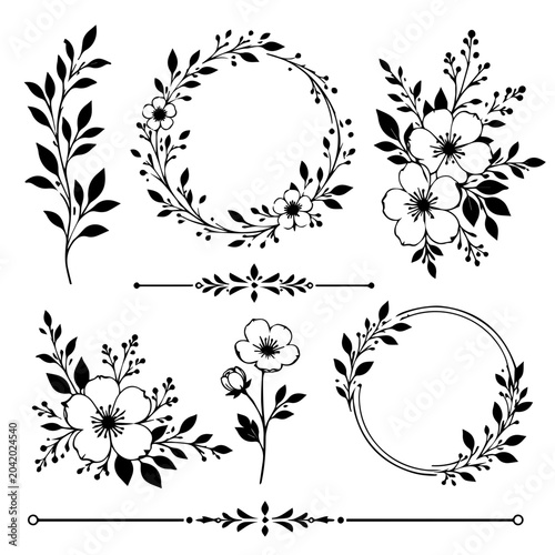 Elegant Botanical Wreath and Decorative Flower Frame Collection Vector Set in Black