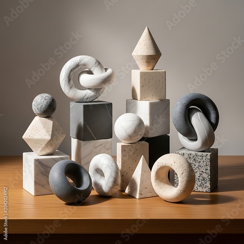 Abstract Stone Geometric Sculptures Arranged on Wooden Table in Minimal Studio