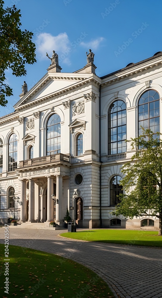 Fototapeta premium Elegant Historic Museum Building with Arched Windows in Sunny Courtyard