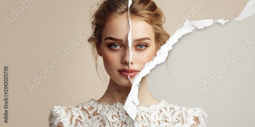 Womans face partially obscured by torn paper beauty and conceptual design