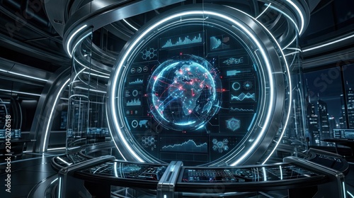 Futuristic control panel with globe display modern technology concept