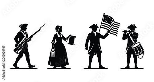 American Revolutionary War Silhouette Vector Set, Colonial Soldier with Musket Woman with Scroll Patriot Holding US Flag and Fife Drum Musician Black Shapes Isolated on White Background