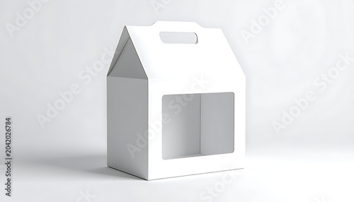 Isolated white cardboard gift box with handle and window, blank packaging for product mockup, studio shot