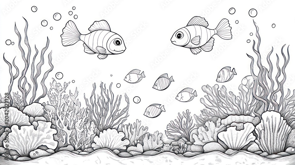 Fototapeta premium Black and white illustration of fish swimming in a coral reef tank with plants and bubbles