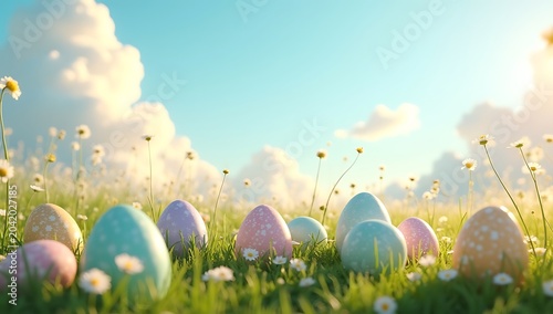 Colorful easter eggs hidden in a green grassy field with small flowers under a bright blue sky