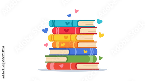 Obraz na płótnie Colorful Stack of Books with Heart Decorations for Reading Enthusiasts