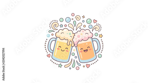 Photography Cute Cartoon Beer Mugs with Smiling Faces and Bubbles for Celebration and Party Themes