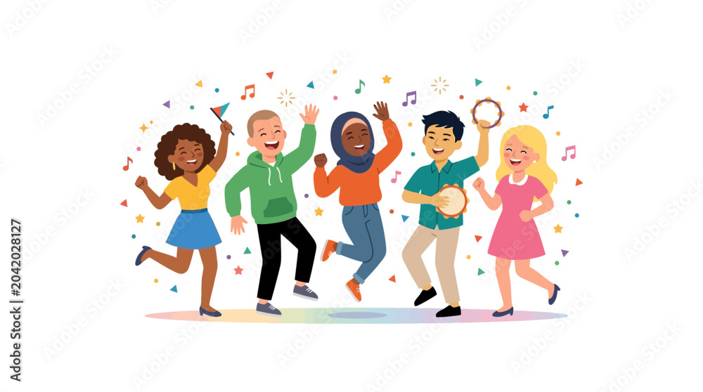Fototapeta premium Diverse Group of Children Dancing and Celebrating Joyfully 1.