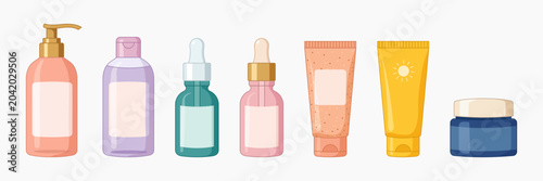 Cosmetic Bottles and Tubes Set, Skincare Packaging Collection, Cream Jar, Dropper Serum Pipette Bottle, Sunscreen Tube, Lotion Pump, Tonic Bottle