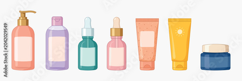 Cosmetic Bottles and Tubes Set, Skincare Packaging Collection, Cream Jar, Dropper Serum Pipette Bottle, Sunscreen Tube, Lotion Pump, Tonic Bottle