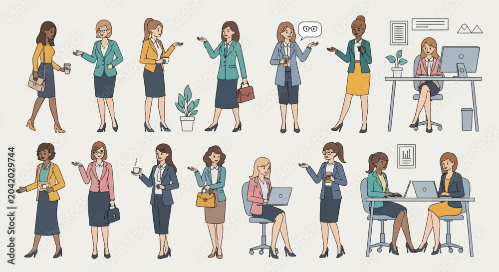 Obraz premium A diverse group of professional women in business attire, depicted in various poses and settings, illustrating a modern workplace.