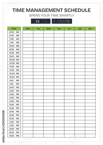 Weekly Time Management Schedule Planner Template with Hourly Time Blocks