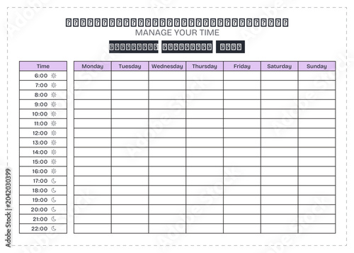 Landscape Weekly Time Schedule Planner Template with Pastel Purple Accents