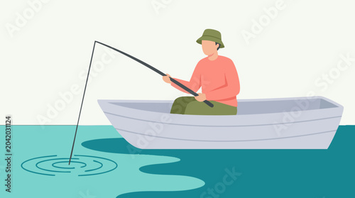 Photography Man fishing from a small boat on calm water, leisure activity illustration