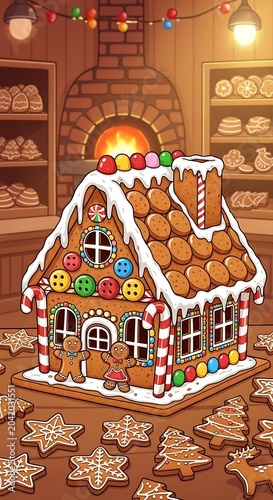 Festive Gingerbread House Decorated with Candy and Icing in Warm Holiday Bakery