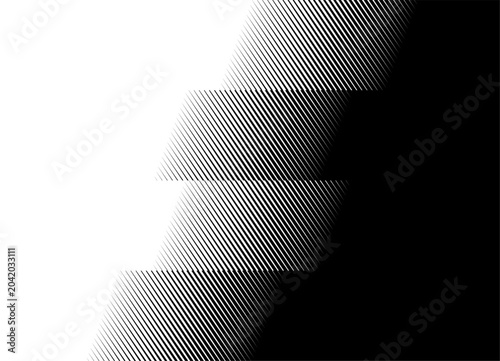 Smooth Vector transition from black to white. Wide Broken stripes. Diagonal pattern with halftone from lines. Design element. Modern divided, vector background for covers, advertising, packaging.