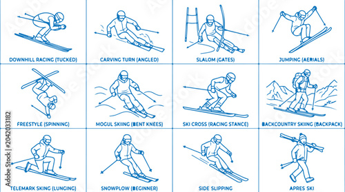 Foto Diverse ski techniques shown from downhill to snowplow beginner, ski cross and telemark