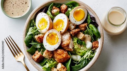 Chicken salad with greens, eggs, and croutons served in a bowl. Dressing sits beside it on a white table. Healthy meal, seen from above.