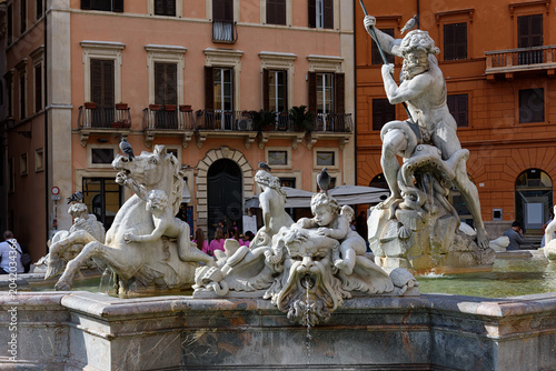 The Fountain of Neptune on Piazza Navona in Rome, Italy. Architecture and lan...