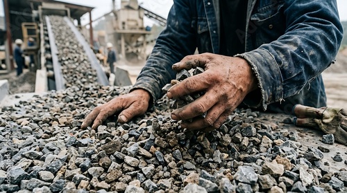 Dusty Worker Hands Sorting Gray Gravel at Industrial Quarry Conveyor