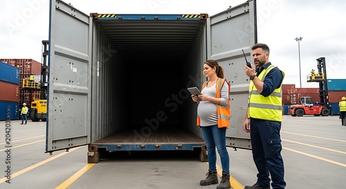Warehouse Workers Inspecting Open Shipping Container at Industrial Cargo Yard