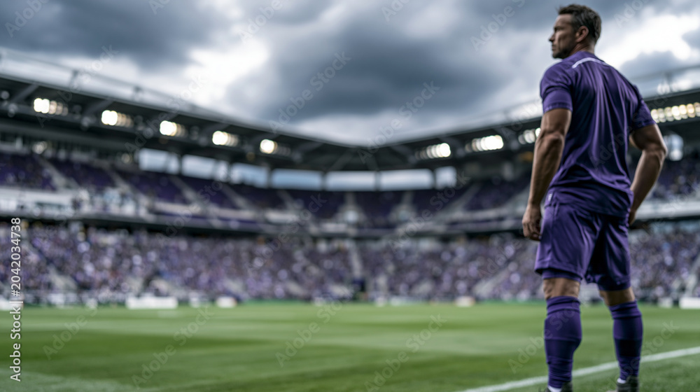 Obraz premium Football stadium viewed from pitch level, dramatic storm clouds, afternoon sky, moody lightning ambiance. Large modern stadium with deep purple seating, packed with thousands of bl