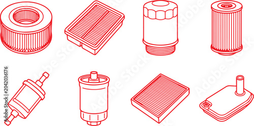 Canvas Print Automotive filter set isometric icons red line art on transparent background vector