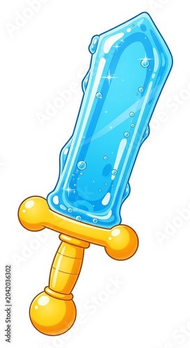 Glossy Blue Ice Sword with Golden Handle Isolated on White Background