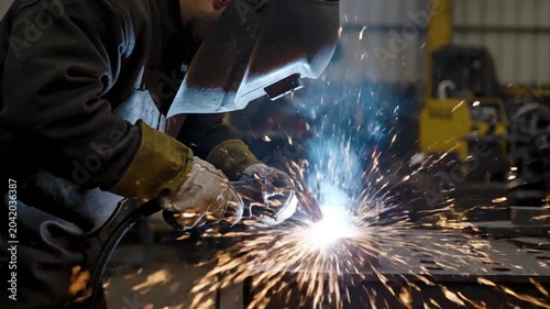 Industrial Welder at Work Joining Metal with Bright Sparks.