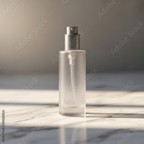 Frosted Glass Spray Bottle Standing on Marble Surface in Soft Natural Light