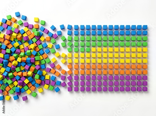 Brightly colored cubes form a tidy gradient on one side, spilling randomly on the other. Vibrant and playful composition.