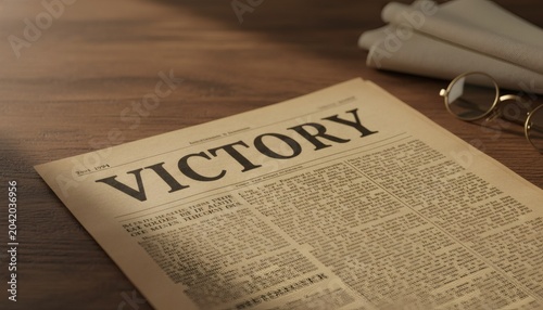 Vintage front page newspaper headline victory announcement celebrating the historic Ve Day on a rustic wooden desk with retro reading glasses for triumph concept