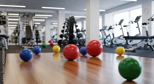 Colorful medicine balls on polished wooden floor in a modern gym